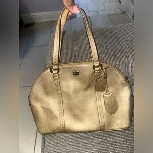 Coach women’s Cora beige leather double handle bottom studs domed satchel bag